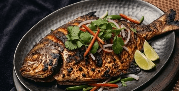 Concept: whole grilled fish, dark studio lighting