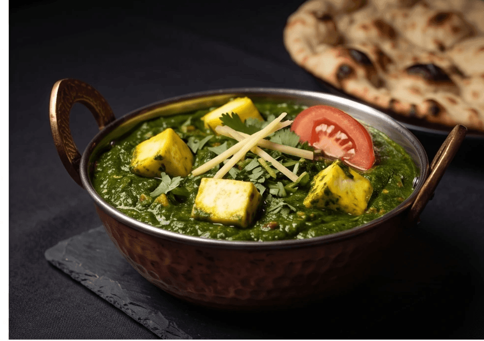 Concept: saag paneer with naan, dark studio lighting