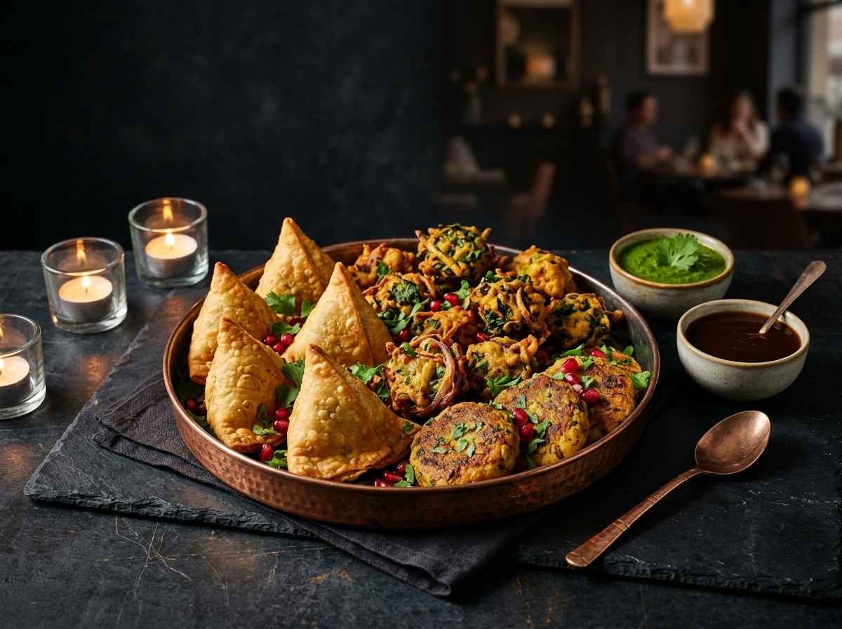 Fresh vegetarian appetizers and samosas party tray from Rani Mahal